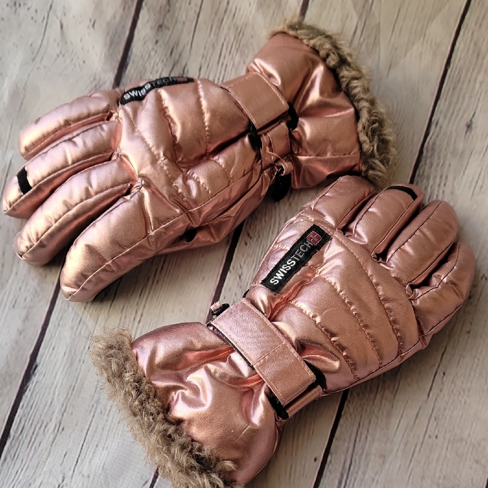 Girls Swiss Tech Metallic Rose GoldPink Winter Gloves Size Lg Xlg